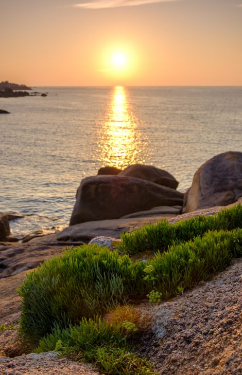 Touristen an der Küste von Saint Guirec Ploumanac'h an der rosa Granitküste in Brittany, Frankreich bei einem wunderschönen Sommersonnenuntergang.